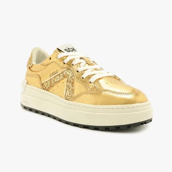 Schutz ST-BOLD Leather Sneakers Sequin Embellished Gold White Womens Size US 8B